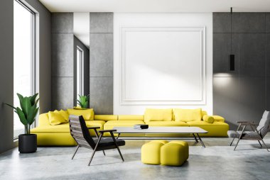 Gri ve beyaz duvar salon iç beton zemin, Sarı kanepe, gri tekli ve sehpa kitapları ile. 3D render alay