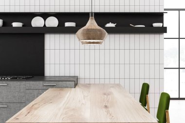 Beyaz çini duvarlar, gri mutfak tezgahı, yeşil sandalye ve şık tavan lambaları ile uzun ahşap masa ile modern mutfak iç. Yakın çekim. 3D render