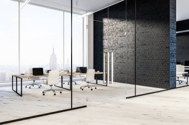Modern ofis siyah petek desen ve cam duvarlar, ahşap zemin ve Yöneticisi oda Bilgisayar masaları ile lobi. Panoramik cityscape pencere. Danışmanlık şirketi iç kavramı. 3D render