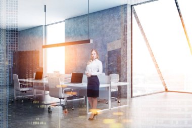 Sarışın işkadını grunge açık alan ofis iç beton duvarlar ve zemin, çatı windows ile dizüstü bilgisayarlar ve beyaz sandalye ile dört bilgisayar masaları. Çift tonlu görüntü pozlaması