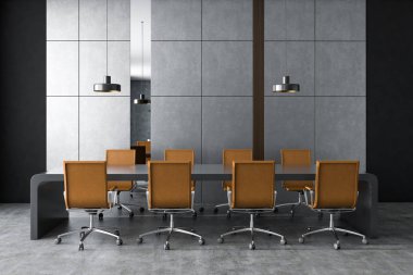 Şık ofis toplantı odası Gri duvarlar ve zemin ve uzun siyah deri koltukları tabloyla iç. Kurumsal yaşam tarzı kavramı. 3D render