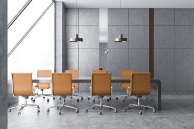 Şık ofis toplantı odası ile gri duvarlar ve zemin, cityscape panoramik pencereli ve uzun siyah deri koltukları tabloyla iç. Kurumsal yaşam tarzı kavramı. 3D render