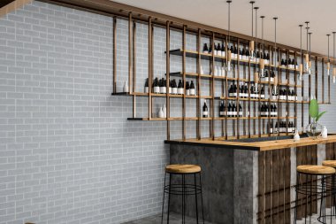 Gri tuğla duvar, beton zemin, ahşap masa ve sandalyeleri ile şık bar iç. Şişe raflarda. Küçük iş kavramı. 3D render kopya boşluk duvar