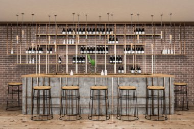 Tuğla duvarlar, ahşap zemin, ahşap masa ve sandalyeleri ile şık bar iç. Şişe raflarda. Küçük iş kavramı. 3D render