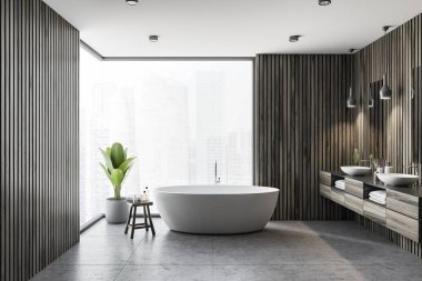 Koyu ahşap duvarlar, gri zemin, beyaz küvet ve çift lavabo ile modern banyo iç. Panoramik pencere. 3D render