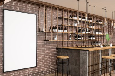 Tuğla duvarlar, ahşap masa ve sandalyeleri ile şık bar iç. Şişe raflarda. Küçük iş kavramı. 3D render dikey sahte kadar poster çerçevesi