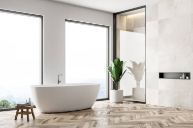 Modern banyo beyaz taş duvarlar, ahşap zemin ve beyaz küvet köşesinde. Loft windows. 3D render