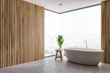 Ahşap duvarlar, gri zemin ve beyaz küvet modern banyo köşesi. Panoramik pencere. 3D render