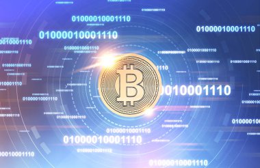 Kalın bitcoin kod satır ile mavi arka plan üzerinde parlayan. Blockchain ve araştırma kavramı. 3D render tonlu görüntü