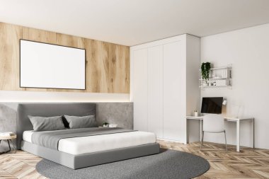 Yatak odası iç ana yatak duran yuvarlak halı ve ev ofis köşe duvarlı, beyaz ve ahşap yan görünüm. Yatay sahte poster duvara kadar. 3D render