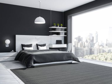 Siyah duvarlar, ahşap zemin, gri karyola ve temiz bilgisayar masa köşede şık çatı katı yatak odası iç. 3D render