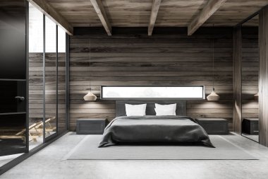 Koyu ahşap duvarlar, beton zemin, gri karyola ve düzgün başucu masaları ile şık yatak odası iç. 3D render