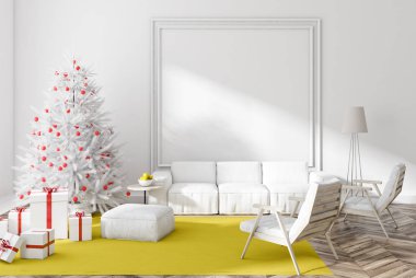 Beyaz duvar salon iç ahşap zemin, sarı halı, beyaz kanepe ve koltuklar ile. Noel ağacı köşedeki hediyeler ile dekore edilmiştir. 3D render kopya alanı