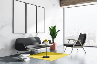 Beyaz mermer oturma odası köşe beton zemin ile gri kanepe ve koltuk, sehpa ve dikey sahte poster çerçeveleri kadar sıra ile yuvarlak sehpa. 3D render