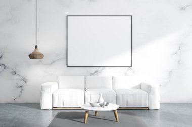 Minimalist beyaz mermer oturma odası iç beton zemin, beyaz kanepe ve bir yuvarlak sehpa ile birlikte. 3D render yatay poster çerçevesi kadar sahte