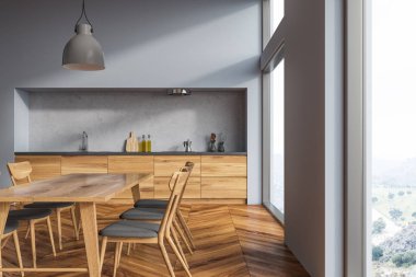 Yemek odası ile gri duvarlar, ahşap zemin, sandalye ve mutfak tezgahı arka planda uzun tabloyla iç. Up 3D render kapatın