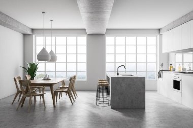 Beyaz duvarlar, beton zemin, beyaz mutfak tezgahı, bir ada, bir masa sandalye ve iki büyük pencereler ile modern mutfak iç. 3D render