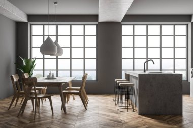 İç modern mutfak Gri duvarlar, ahşap zemin, ahşap masa sandalye ile bir ada ve iki büyük pencereler ile. 3D render