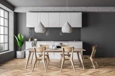 Modern mutfak Gri duvarlar, ahşap zemin, beyaz mutfak tezgahı, sandalye ve büyük pencere içeren bir tablo ile önden görünümü. 3D render