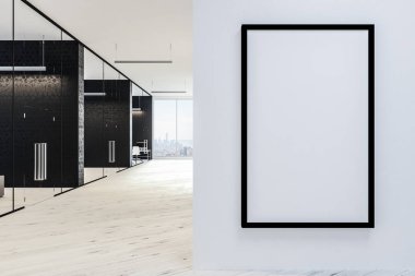 Lobi modern şirket ofisinin siyah petek desen duvar, cam kapı Oda satır ve poster ön planda kadar dikey sahte. 3D render