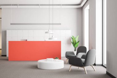 Office Lounge'dan pembe resepsiyon masası, dolap, gri rahat koltuklar ve yuvarlak sehpa kitapları ile ziyaretçiler için. Danışmanlık şirketi kavramı. 3D render kopya alanı