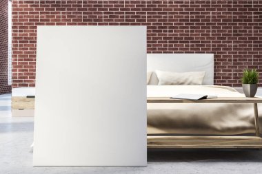 Tuğla duvar, beton zemin, karyola ve dikey poster ayakta önünde şık yatak odası iç. 3D render alay