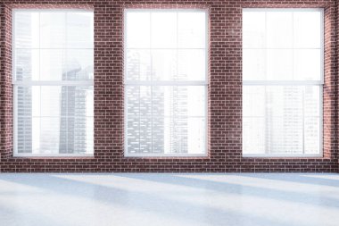 İç tuğla duvar, beton zemin ve modern cityscape büyük pencereler ile boş odası. 3D render
