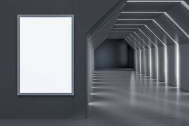 Fütüristik office lobi iç parlayan tavan ile gri altıgen tünel. Dikey poster sahte. Konsept, tasarım fikirleri ve mimari. 3D render