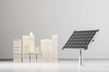 Powered by büyük güneş paneli ayakta beyaz yüzey üzerinde şehir modeli. Yeşil enerji ve çevre kavramı. 3D render alay