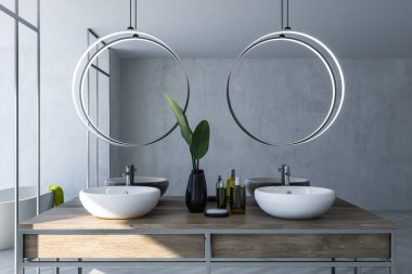 Modern banyo iç gri ve cam duvarlar, ahşap zemin ve beyaz çift lavabo ile yuvarlak ayna üstünde asılı. Yakın çekim. 3D render
