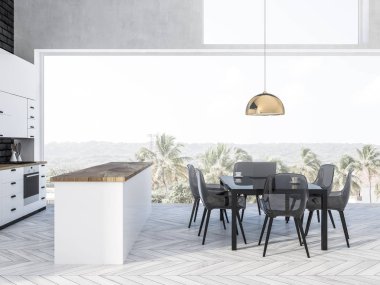 Beyaz ahşap zemin, beyaz mutfak tezgahı ve şeffaf sandalye ile siyah tablo ile şık panoramik mutfak iç. 3D render