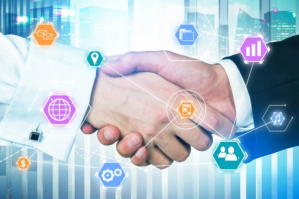 Two Business People Shaking Hands Blue City Graphs Cloud Technology — Stock Photo, Image