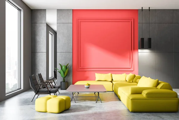 Gray Red Wall Living Room Interior Concrete Floor Yellow Sofa — Stock Photo, Image