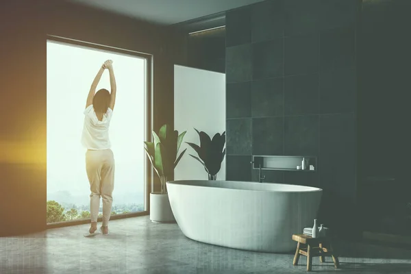 Woman Pajamas Standing Modern Bathroom Interior Black Tile Walls Concrete — Stock Photo, Image