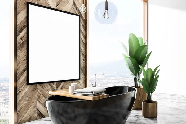 Angolo Bagno Moderno Con Pareti Legno Pavimento Marmo Vasca Bagno — Foto Stock