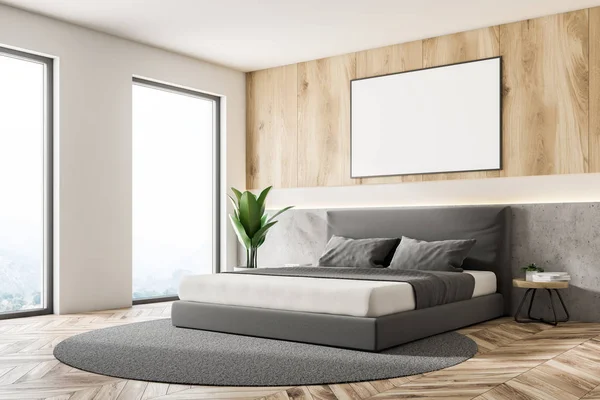 Zijaanzicht Van Slaapkamer Interieur Met Wit Houten Muren Master Bed — Stockfoto