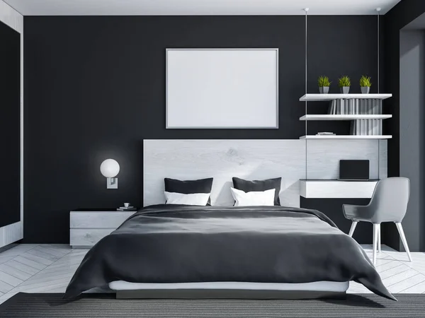 Interior Elegante Dormitorio Con Paredes Negras Suelo Madera Cama Principal — Foto de Stock