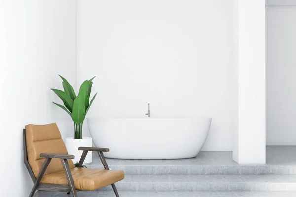 Modernes Badezimmer Mit Weißen Wänden Betonboden Weißer Badewanne Und Braunem — Stockfoto