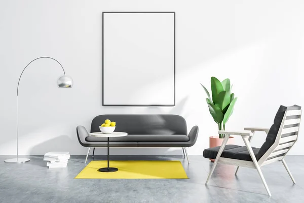 Interior Sala Estar Blanca Con Suelo Hormigón Sofá Gris Sillón — Foto de Stock