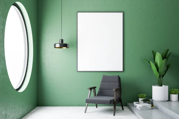 Moderní Koupelny Interiér Zelené Stěny Betonová Podlaha Černé Křeslo Vertikální — Stock fotografie