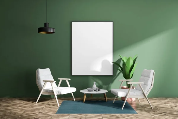 Salon Vert Minimaliste Avec Sol Bois Fauteuils Blancs Une Table — Photo