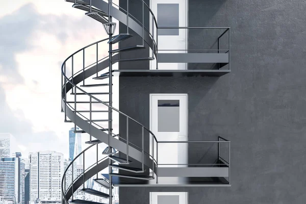 Graues Gebäude Mit Spiralgrauer Fluchttreppe Stadtbild Hintergrund Rendering Attrappe — Stockfoto