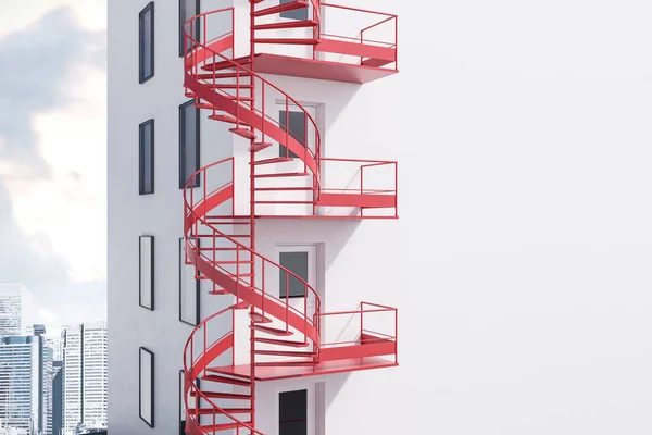 Canto Edifício Branco Com Escada Saída Emergência Vermelha Espiral Fundo — Fotografia de Stock