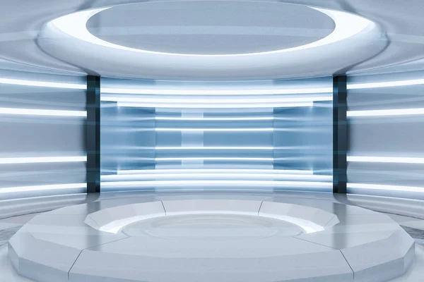 ネオンの光で壁や天井に未来の白い丸い部屋のクローズ アップ サイエンス フィクションと未来の概念 レンダリング — ストック写真
