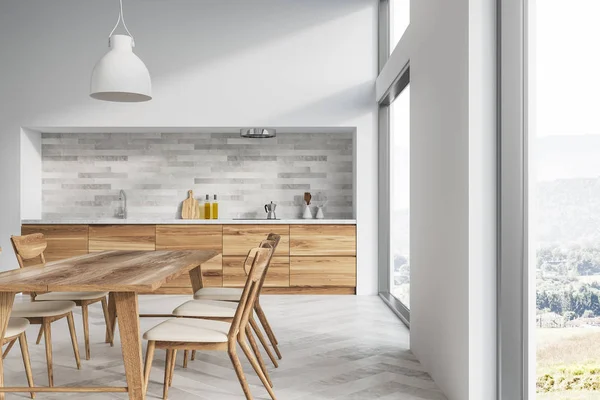 Cozinha Branca Sala Jantar Interior Com Paredes Brancas Piso Madeira — Fotografia de Stock