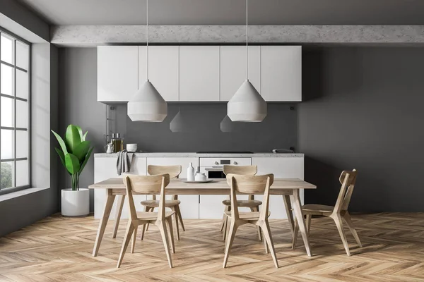 Modern mutfak Gri duvarlar, ahşap zemin, beyaz mutfak tezgahı, sandalye ve büyük pencere içeren bir tablo ile önden görünümü. 3D render