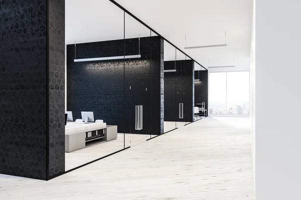 Lobby Eines Modernen Büros Mit Schwarzem Wabenmuster Und Weißen Wänden — Stockfoto