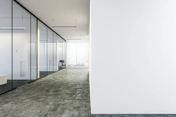 大堂的现代办公室 白色墙壁 玻璃门和一排小房间的计算机 模拟3D — 图库照片