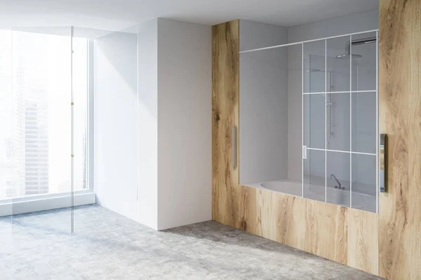Modernes Badezimmer Mit Weißen Und Hölzernen Wänden Betonboden Und Einer — Stockfoto
