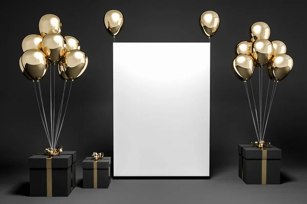 Černé Současné Krabic Zlatými Stuhami Zlaté Balónky Prázdné Černé Místnosti — Stock fotografie